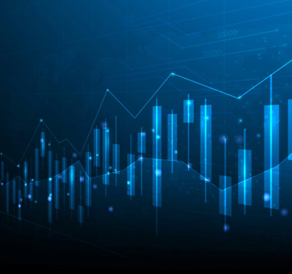Abstract blue digital graph and candlestick chart representing data security, analytics, and secure information systems.